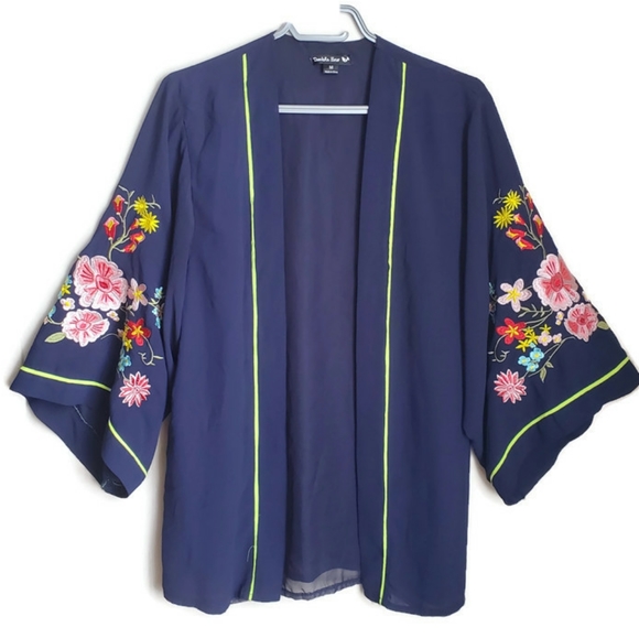 Double Zero Sweaters - Double Zero | Navy Kimono Style w/ Floral sleeves